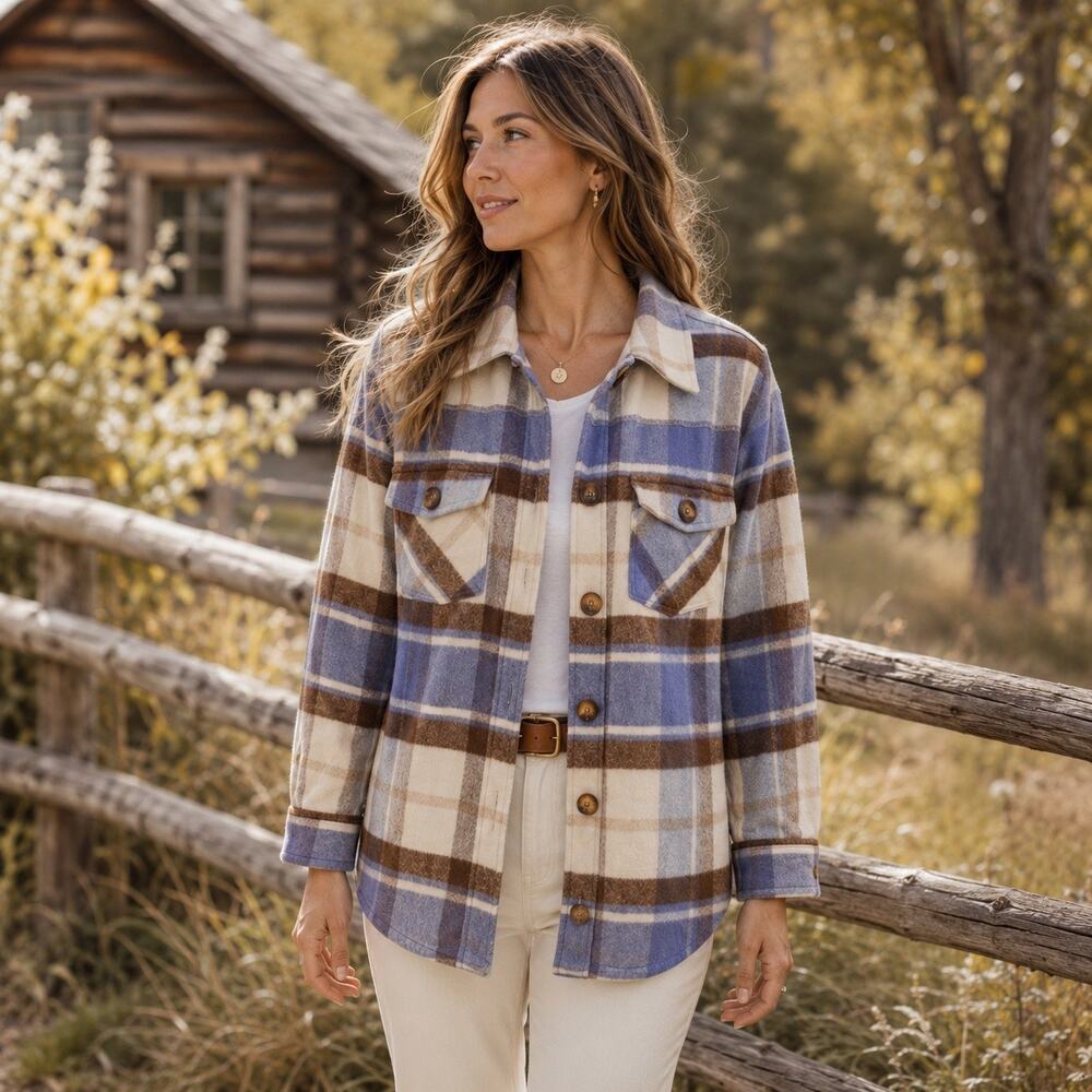 LOFT Outlet Petite Plaid Shacket Blue Brown SP